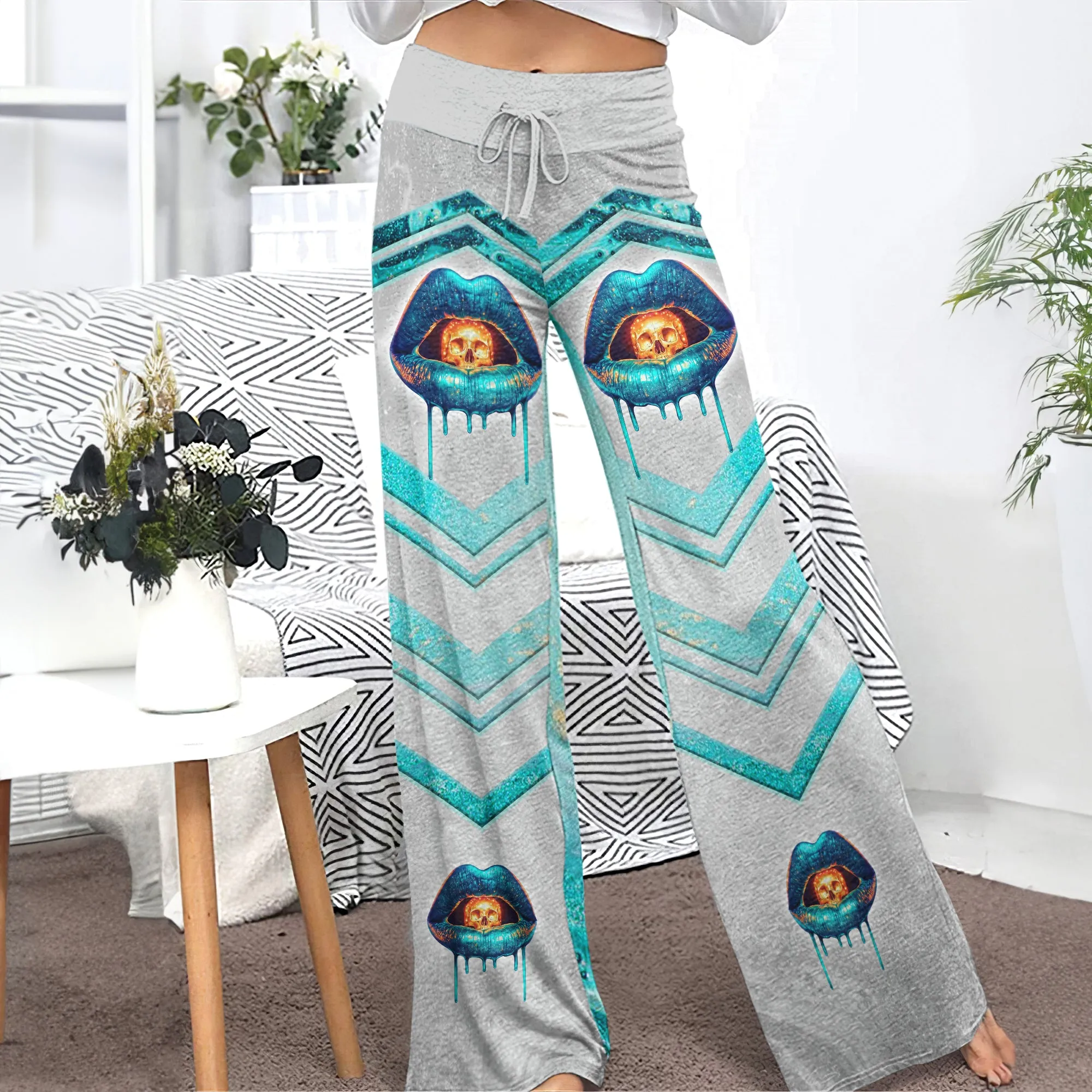 Abstract Cyan Skull Lip Women's High-waisted Wide Leg Pants