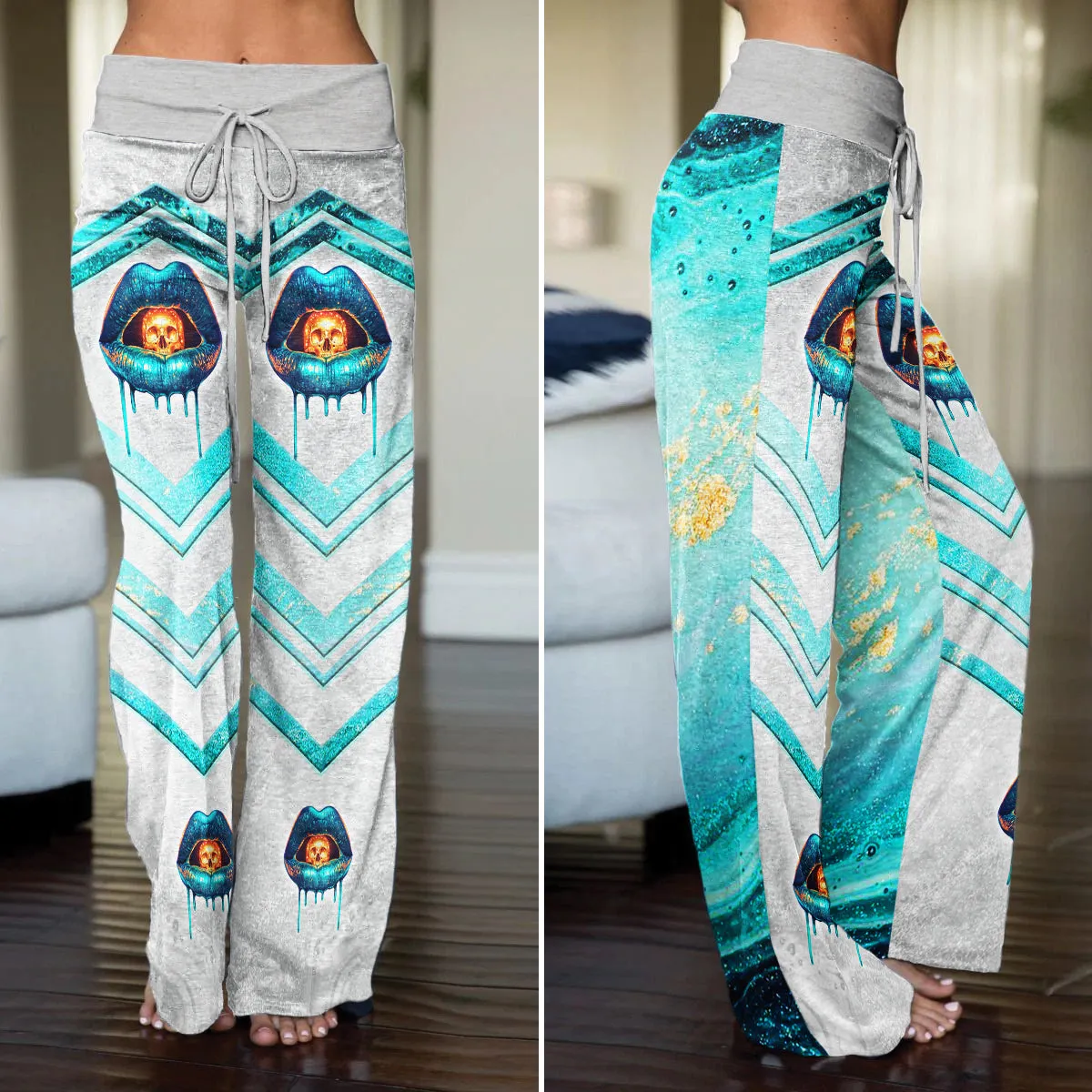 Abstract Cyan Skull Lip Women's High-waisted Wide Leg Pants