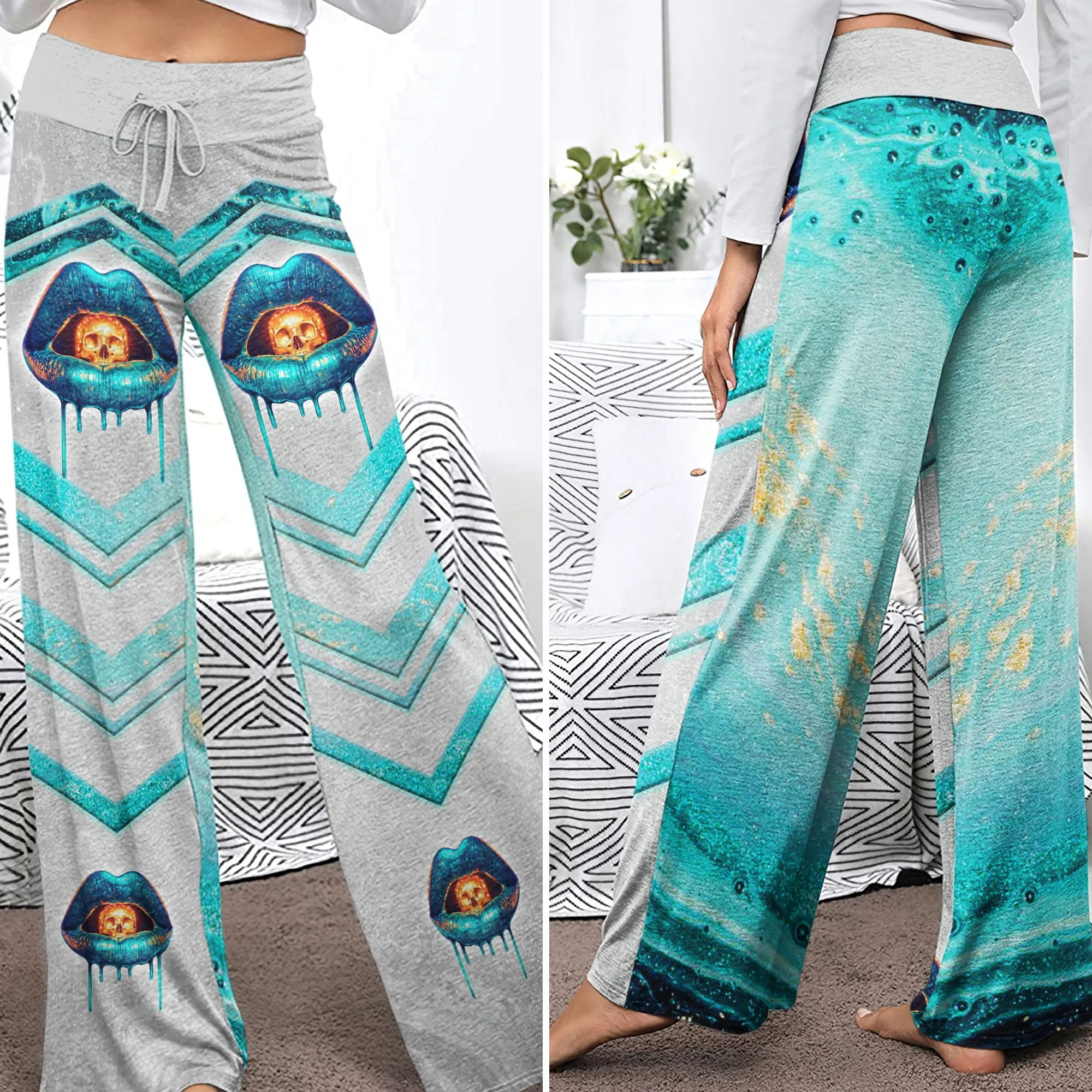 Abstract Cyan Skull Lip Women's High-waisted Wide Leg Pants