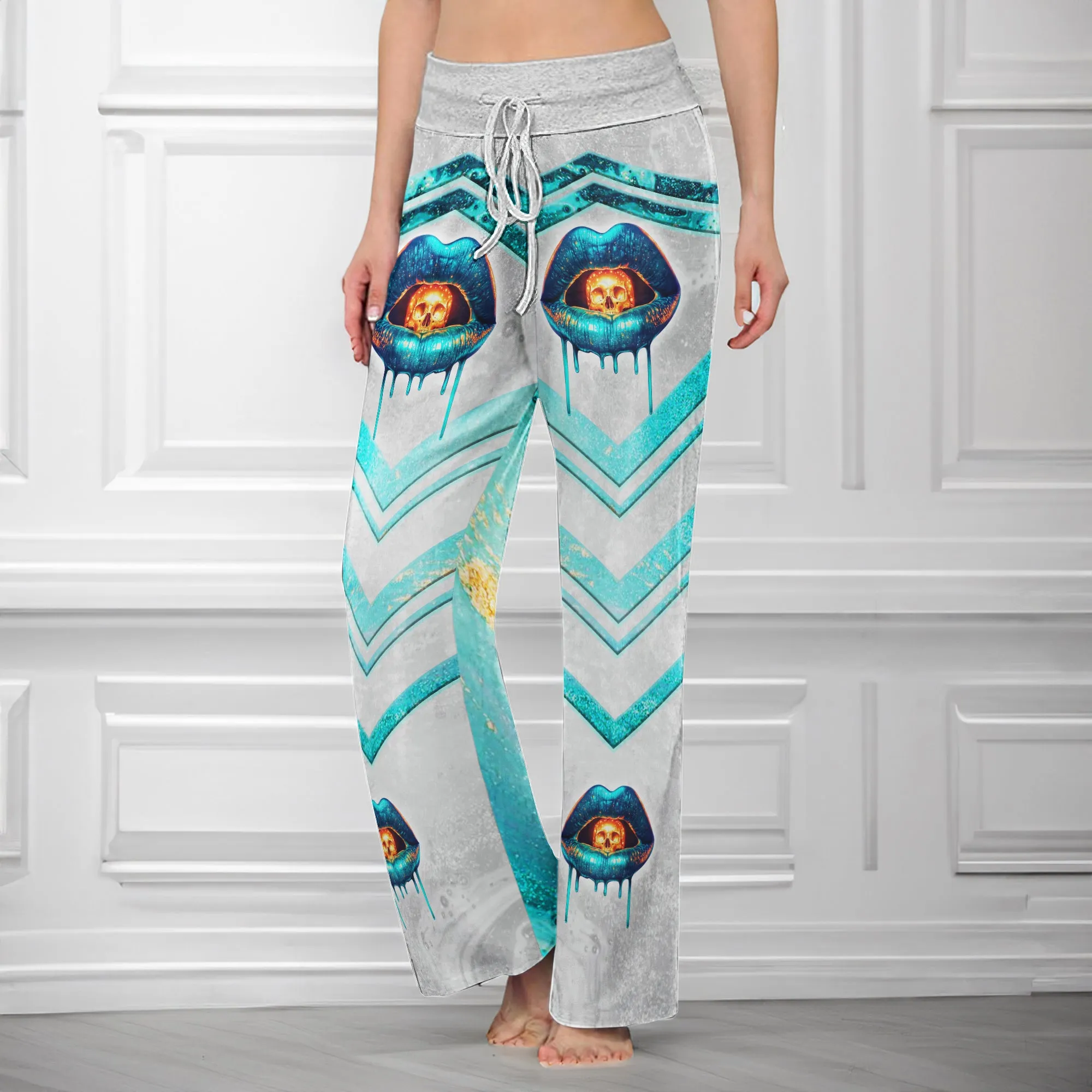 Abstract Cyan Skull Lip Women's High-waisted Wide Leg Pants