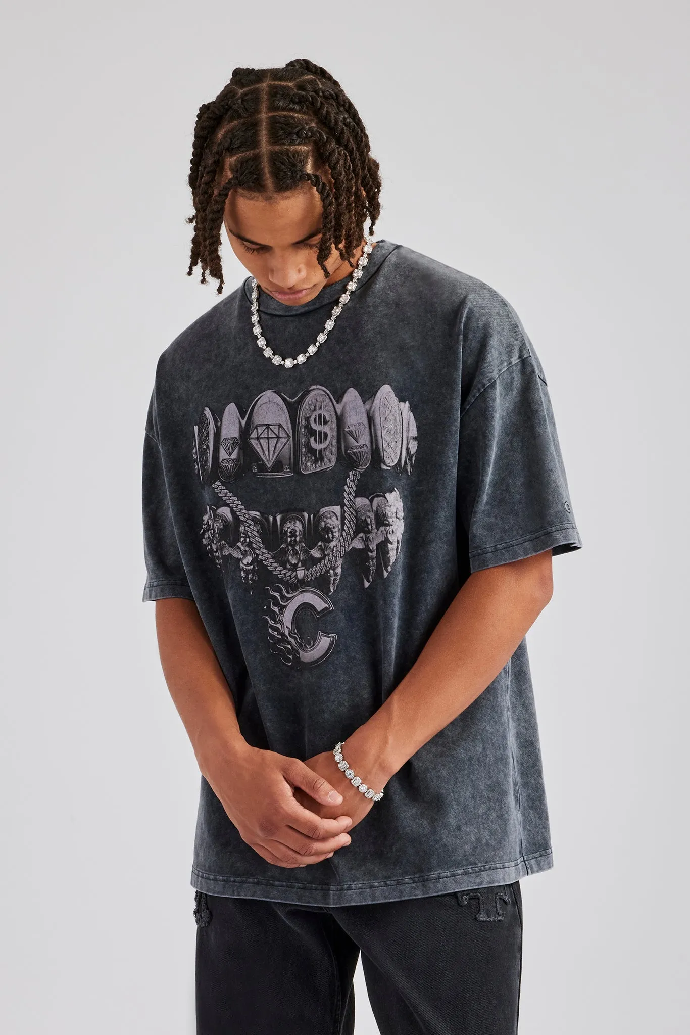 Acid Wash Diamond Grills Graphic Oversized T-Shirt