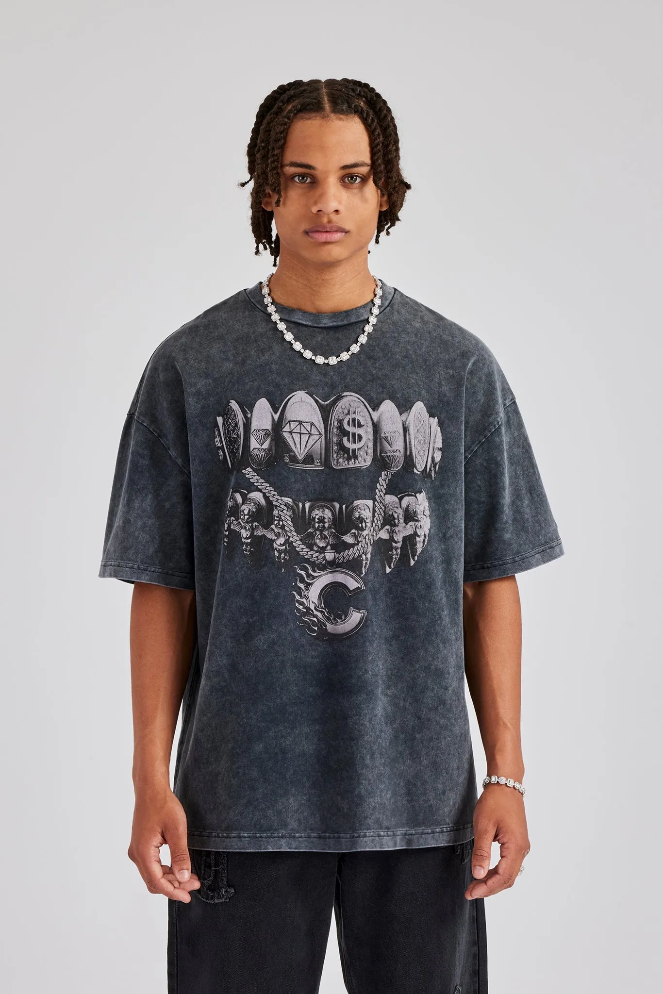 Acid Wash Diamond Grills Graphic Oversized T-Shirt