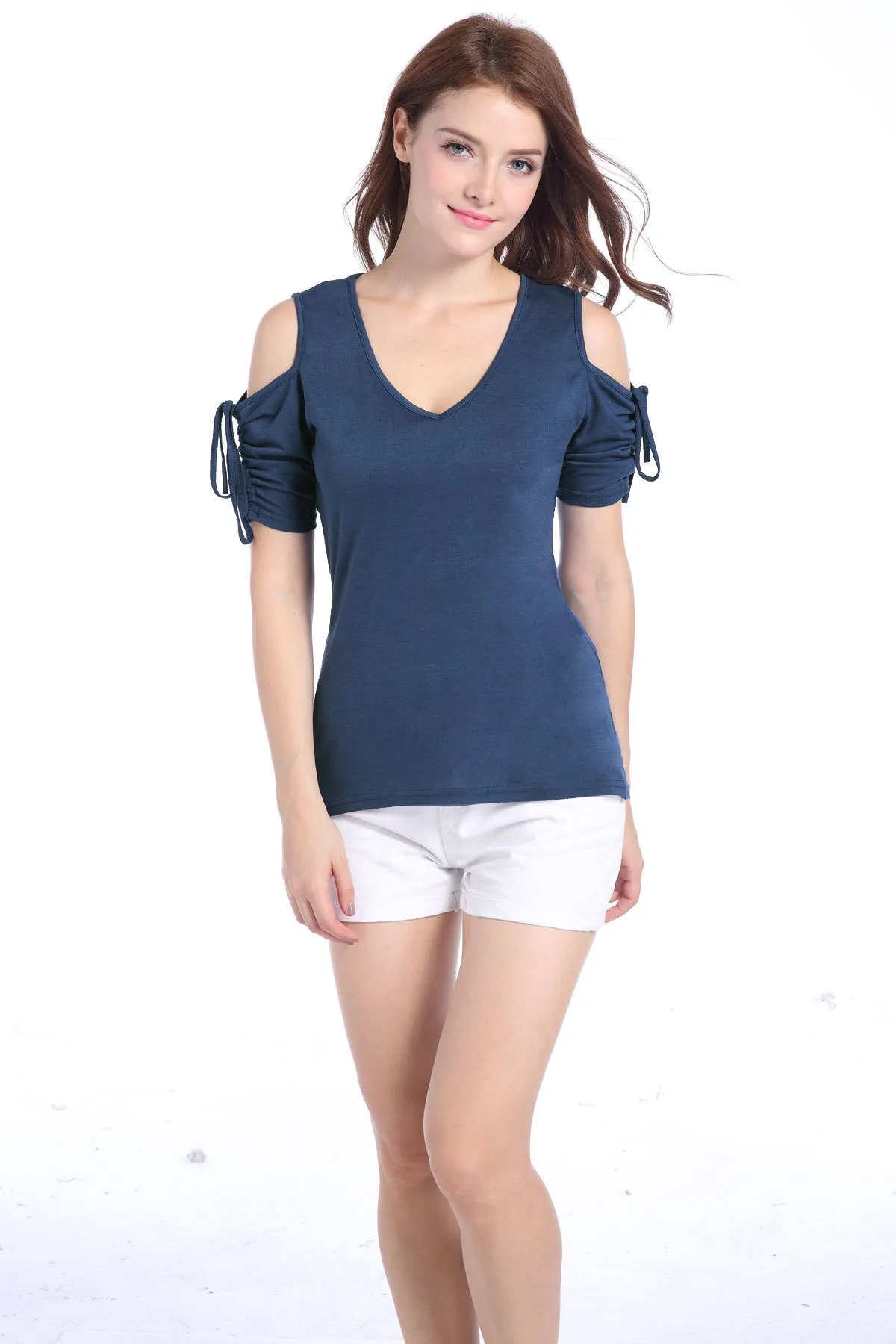 Bear Shoulder V-neck Pure Color Short Sleeves T-Shirt