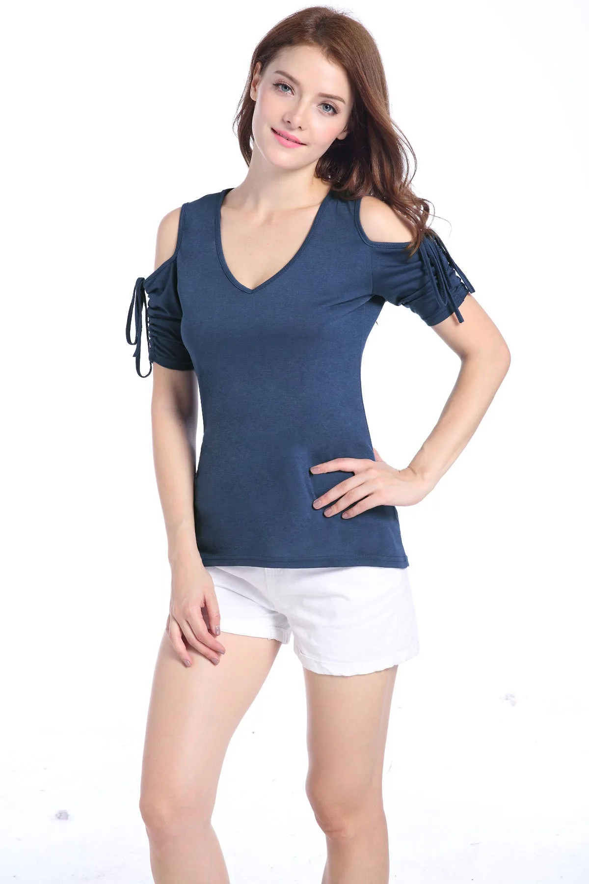 Bear Shoulder V-neck Pure Color Short Sleeves T-Shirt