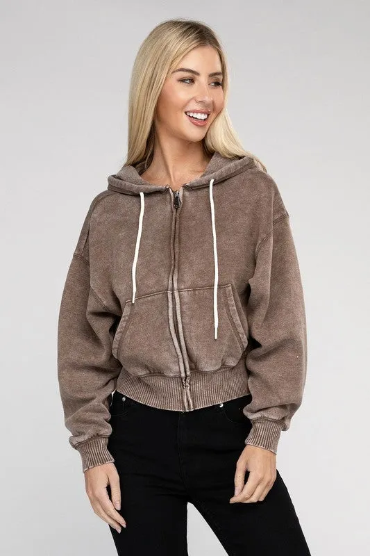 Black Acid Wash Fleece Cropped Zip-Up Hoodie