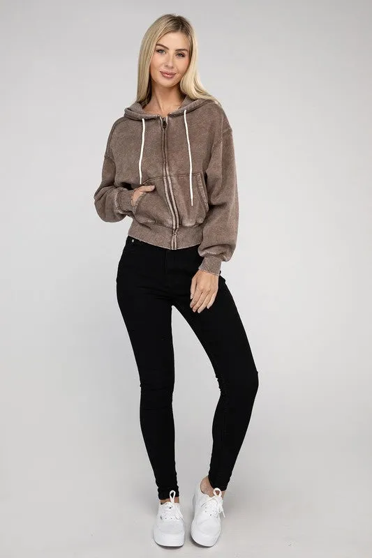 Black Acid Wash Fleece Cropped Zip-Up Hoodie