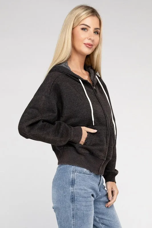 Black Acid Wash Fleece Cropped Zip-Up Hoodie