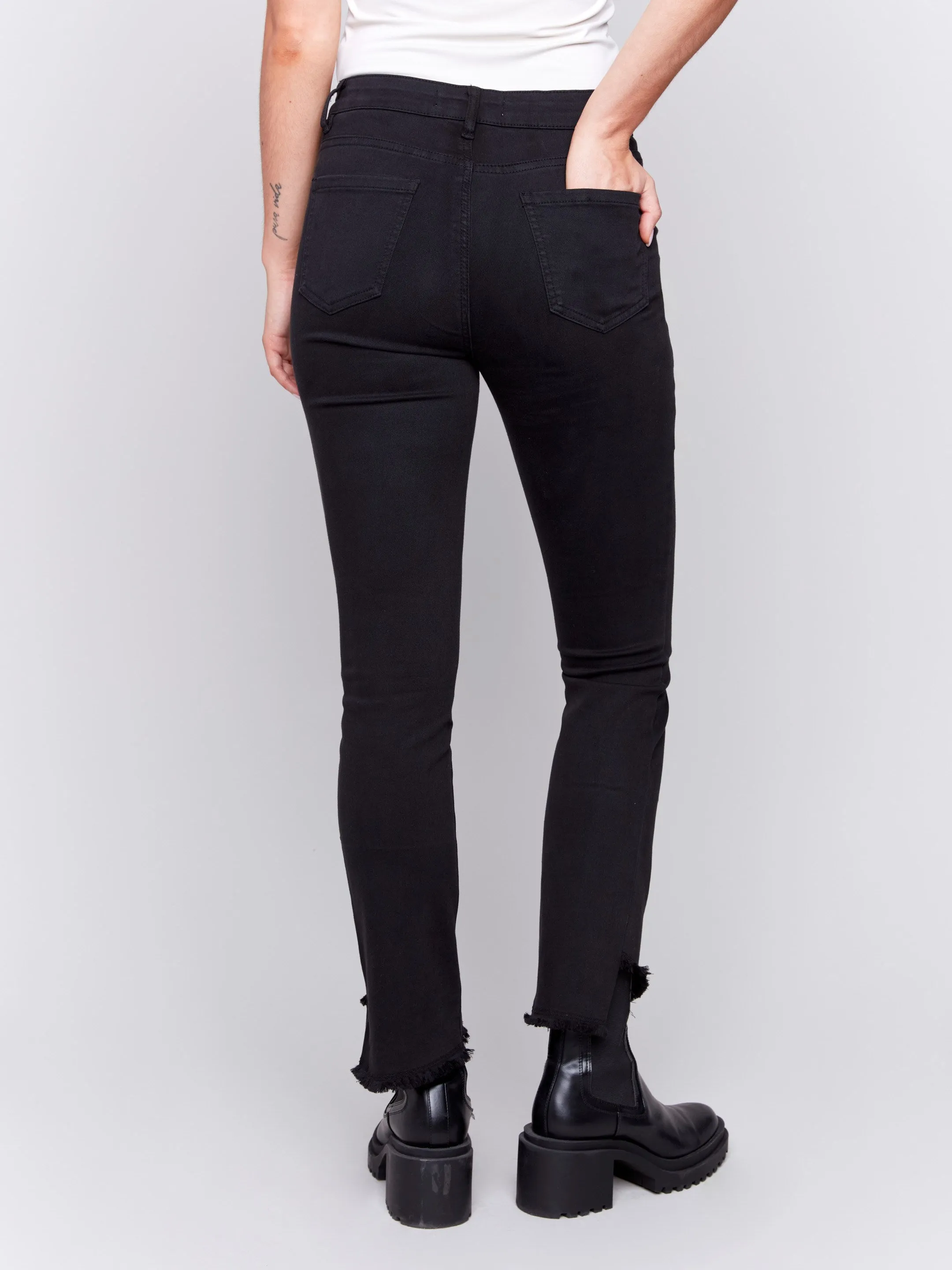 Bootcut Twill Pants With Asymmetrical Hem - Black