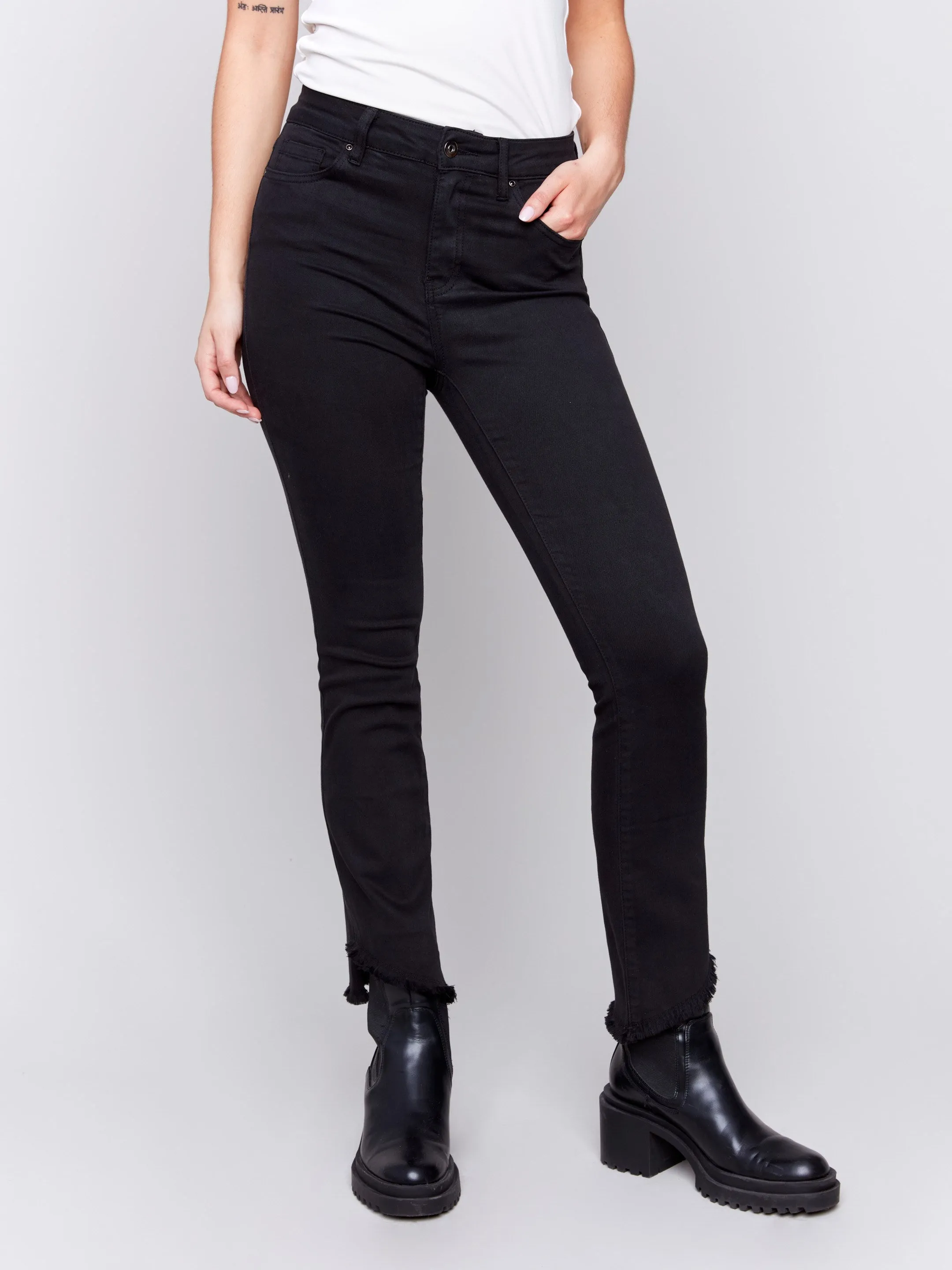 Bootcut Twill Pants With Asymmetrical Hem - Black