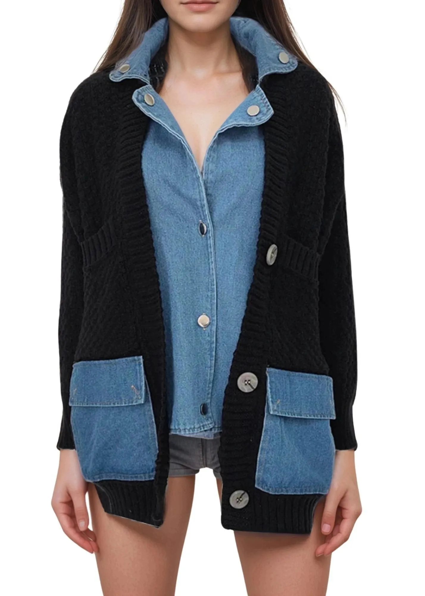 Denim Patchwork Knitted Sweaters Women Single Breasted Loose Irregular Cardigan Female Clothing Autumn Winter