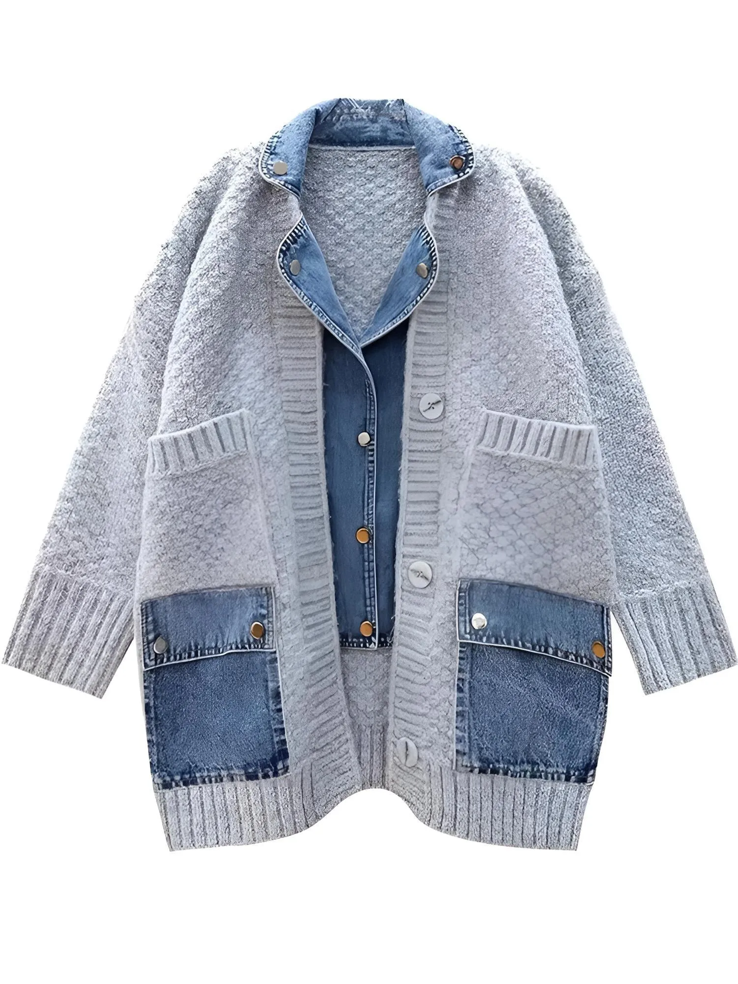 Denim Patchwork Knitted Sweaters Women Single Breasted Loose Irregular Cardigan Female Clothing Autumn Winter