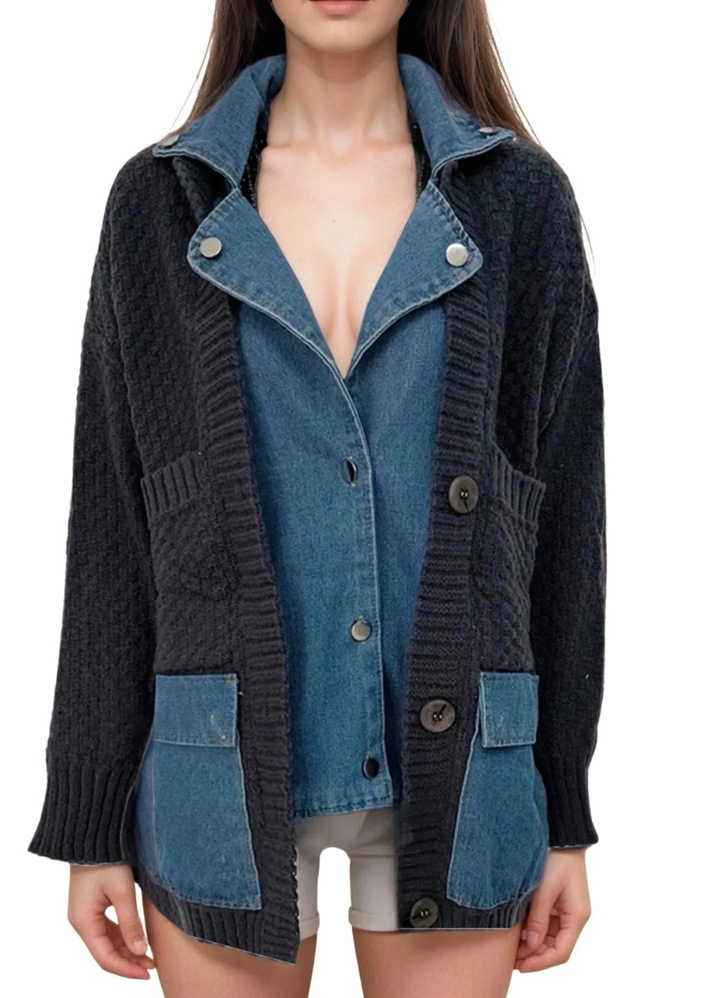 Denim Patchwork Knitted Sweaters Women Single Breasted Loose Irregular Cardigan Female Clothing Autumn Winter