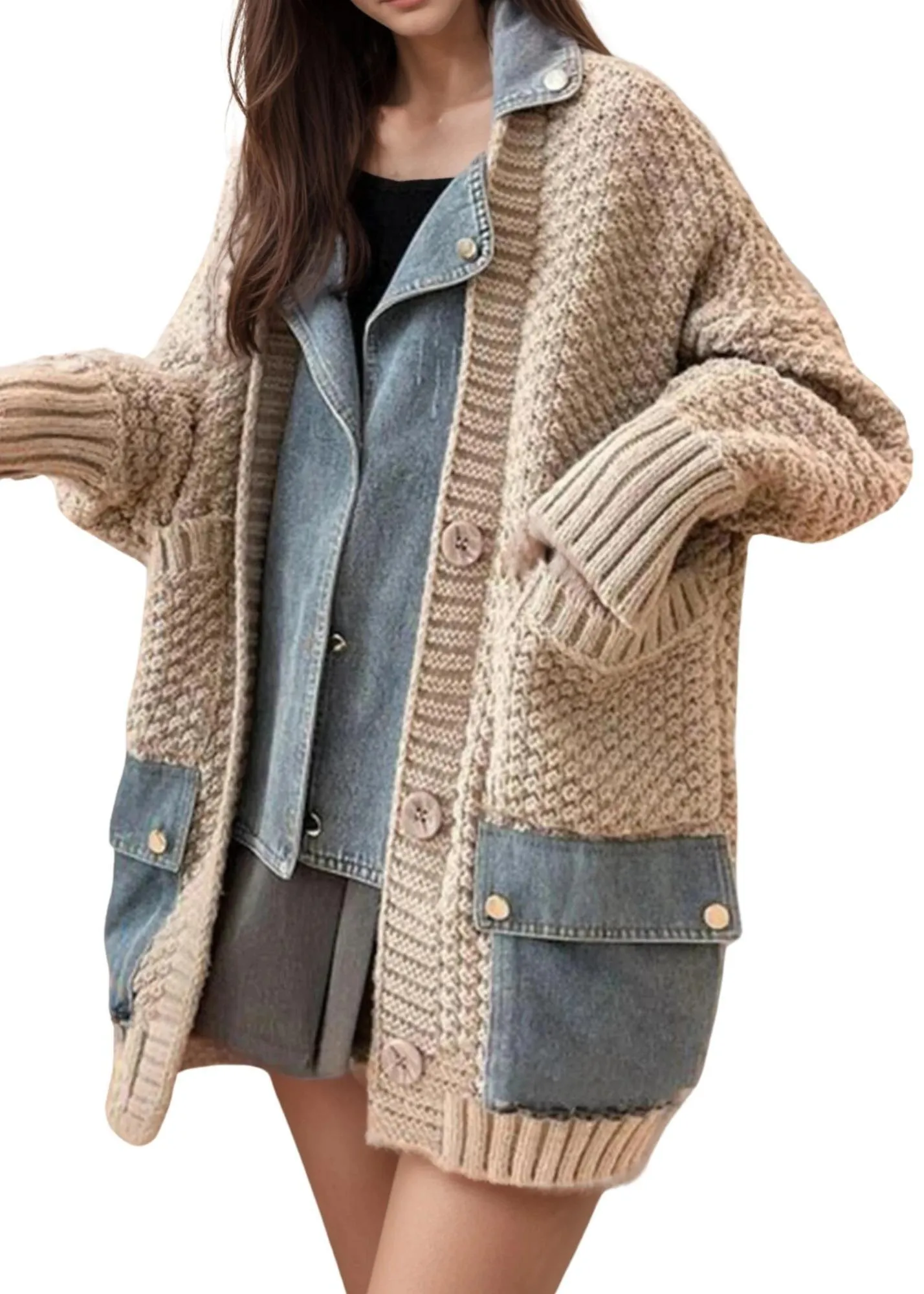 Denim Patchwork Knitted Sweaters Women Single Breasted Loose Irregular Cardigan Female Clothing Autumn Winter