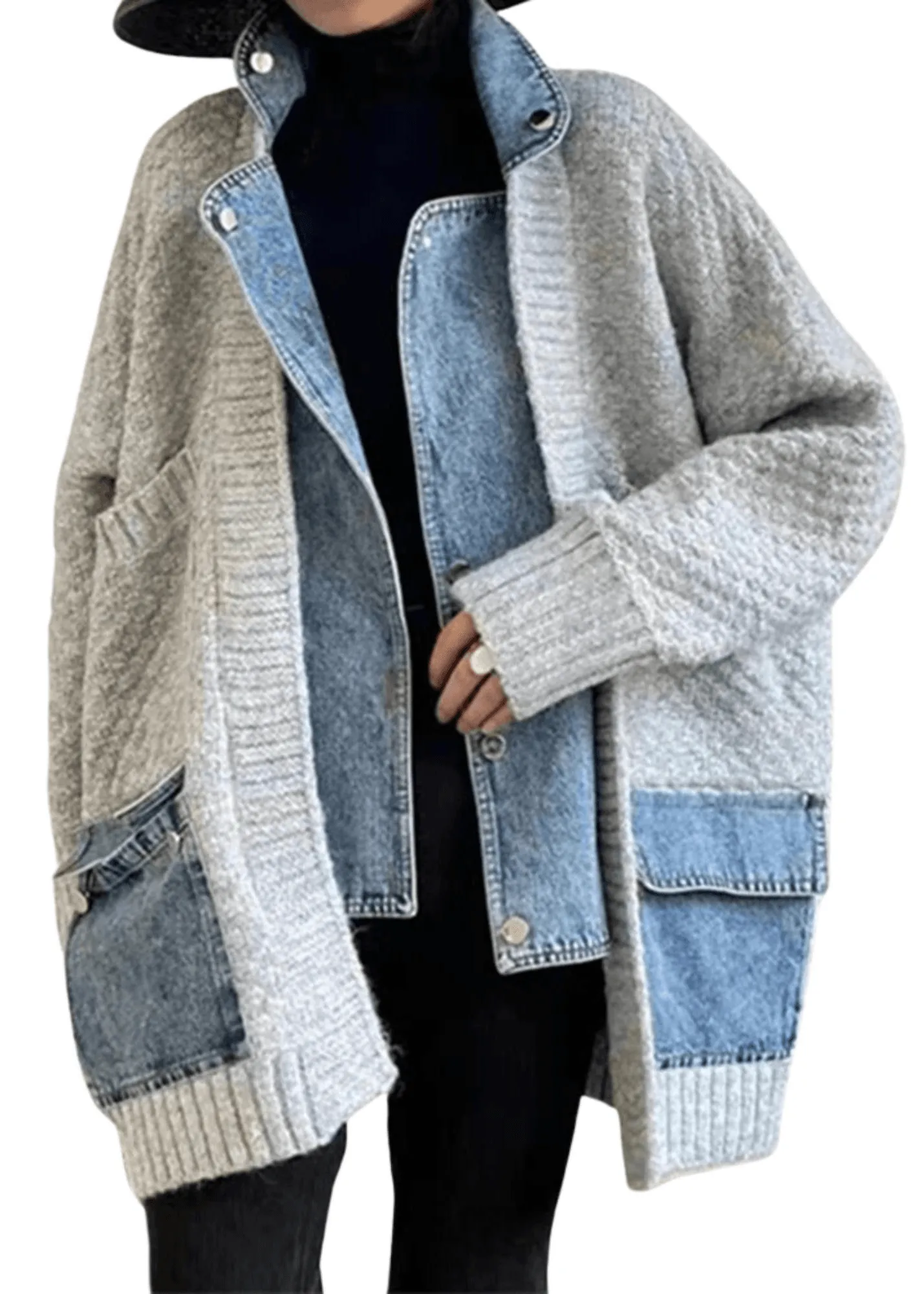 Denim Patchwork Knitted Sweaters Women Single Breasted Loose Irregular Cardigan Female Clothing Autumn Winter