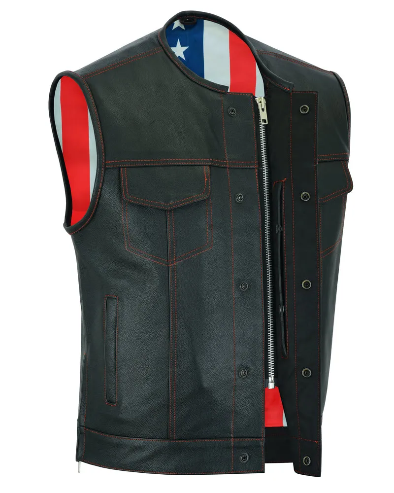 DS155 Men's Leather Vest with Red Stitching and USA Inside Flag Lining