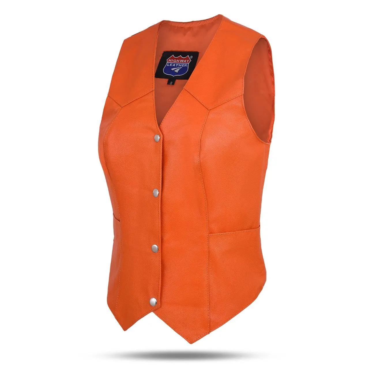 HL14500ORANGE Ladies Women soft leather ORANGE biker motorcycle vest black concealed carry