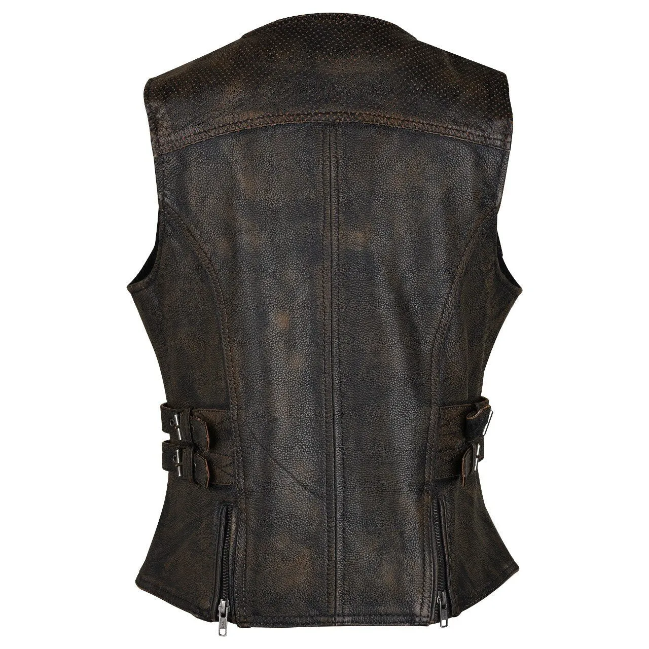 HML1037DB Ladies Distressed Brown Vest with Buckles