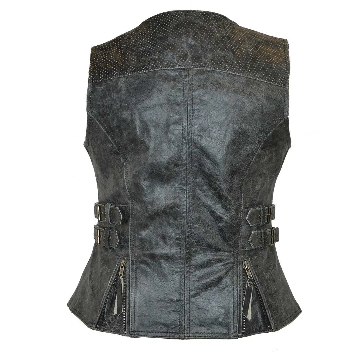 HML1037DG Ladies Distressed Gray Premium Leather Concealed Carry Motorcycle Vest