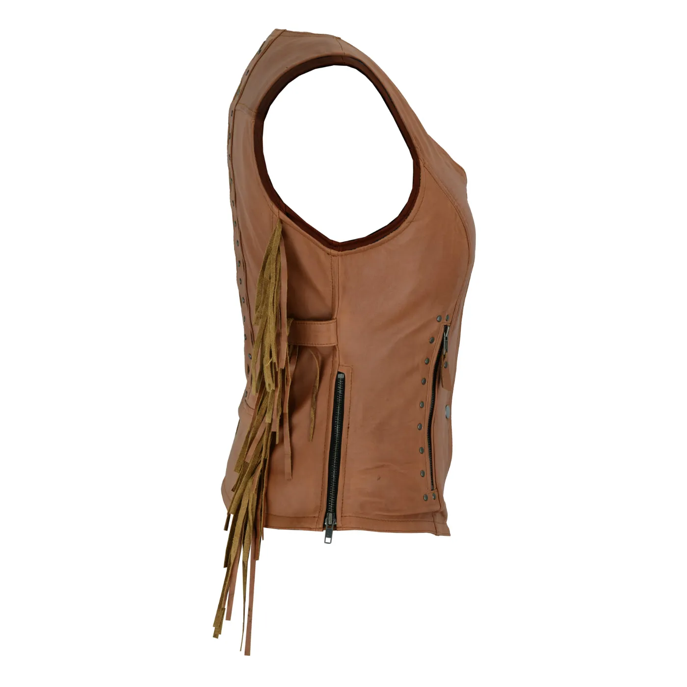 HML1103T Ladies Premium Brown Vest with Fringes and Rivets