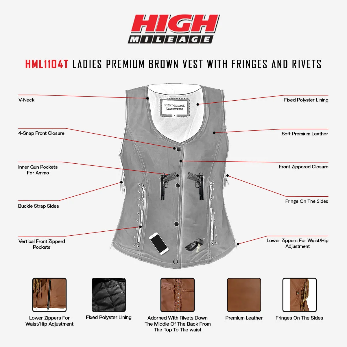 HML1103T Ladies Premium Brown Vest with Fringes and Rivets