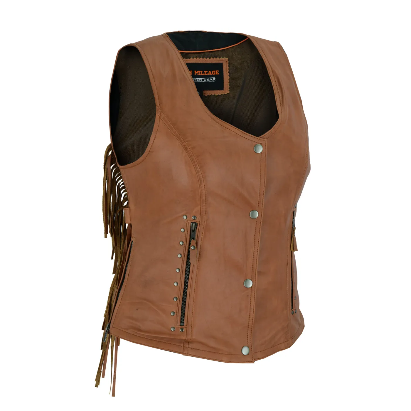 HML1103T Ladies Premium Brown Vest with Fringes and Rivets