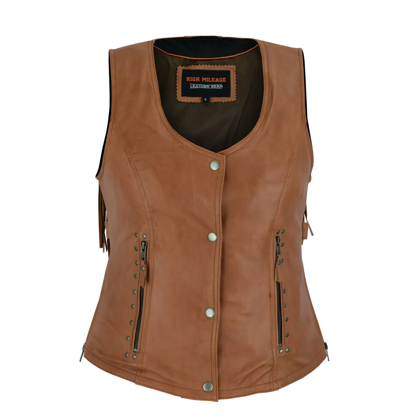 HML1103T Ladies Premium Brown Vest with Fringes and Rivets