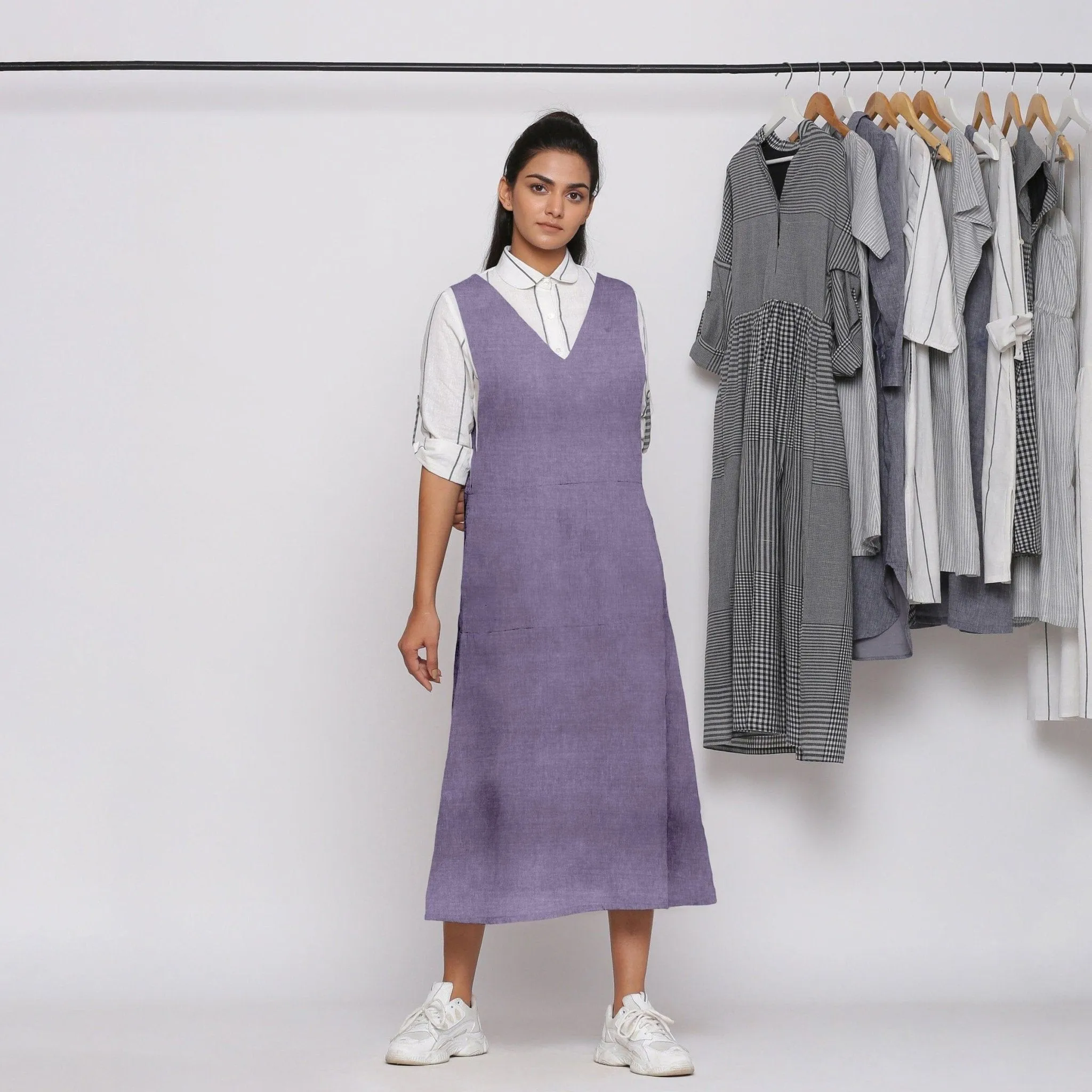 Lavender Cotton Linen V-Neck Midi Pinafore Dress