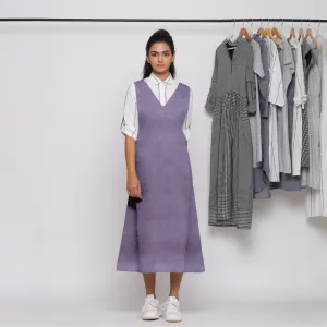 Lavender Cotton Linen V-Neck Midi Pinafore Dress