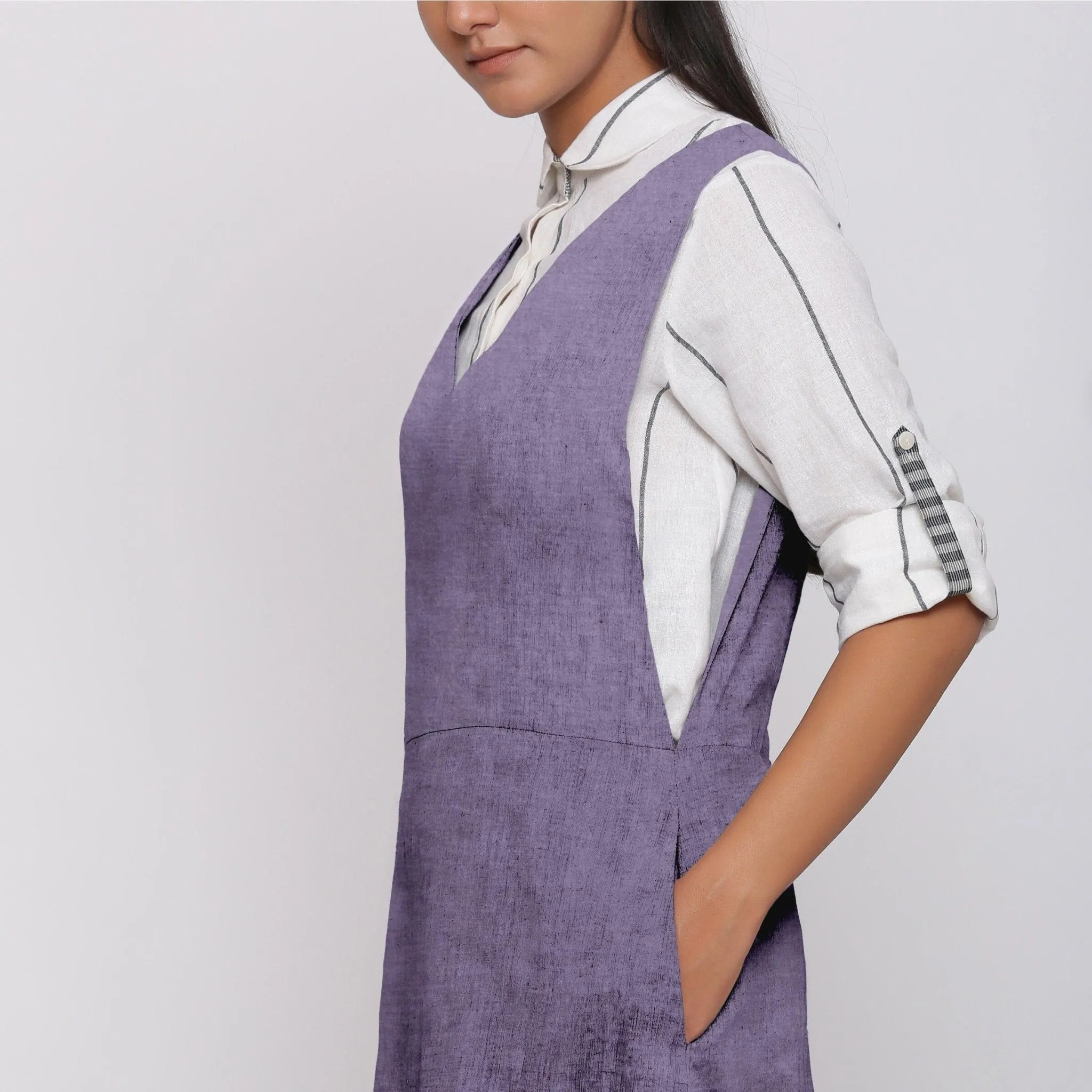 Lavender Cotton Linen V-Neck Midi Pinafore Dress