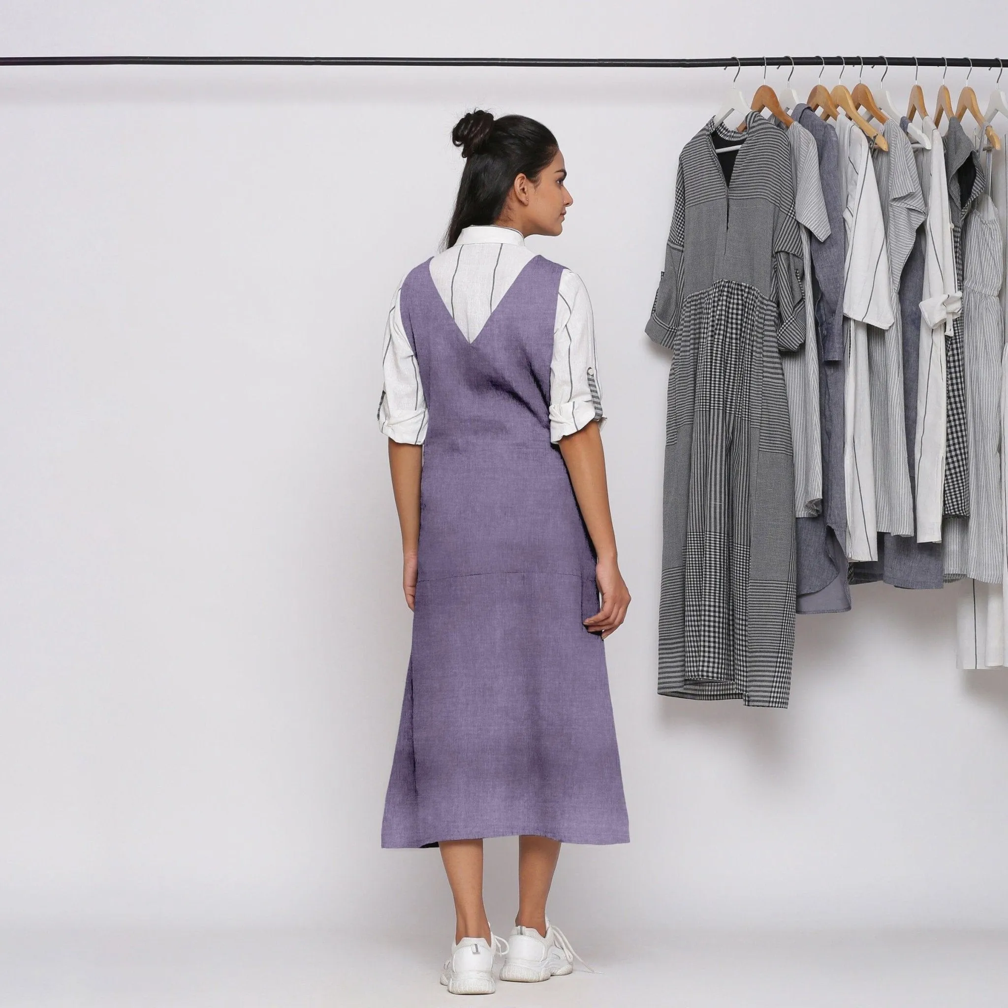 Lavender Cotton Linen V-Neck Midi Pinafore Dress