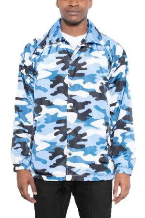 Men's Blue Camo Print Windbreaker Style Long Sleeve Jacket