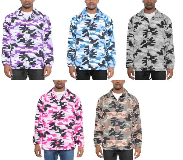 Men's Blue Camo Print Windbreaker Style Long Sleeve Jacket