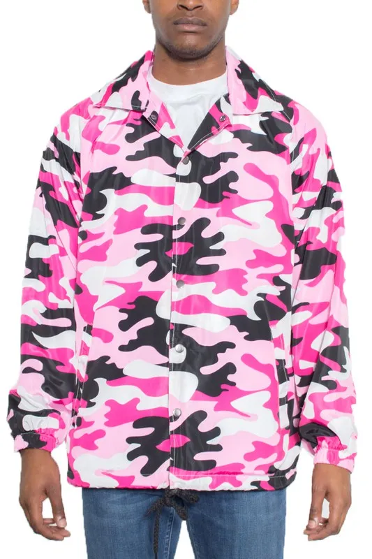 Men's Blue Camo Print Windbreaker Style Long Sleeve Jacket