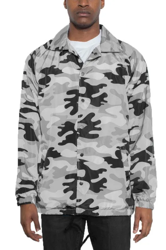 Men's Blue Camo Print Windbreaker Style Long Sleeve Jacket