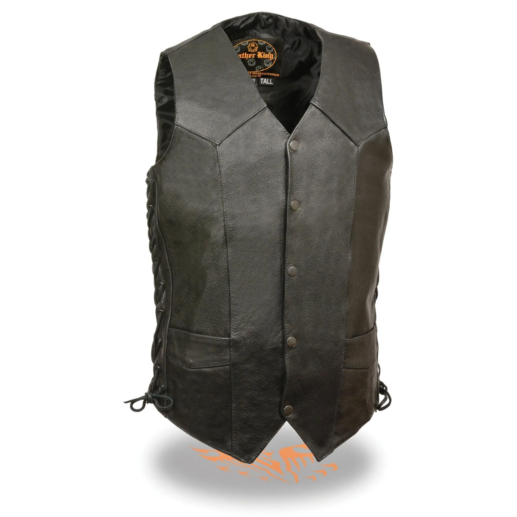 Milwaukee Leather SH1315Tall Men's Classic Black Leather V-Neck Side Lace Motorcycle Rider Vest w/ Snap Closure