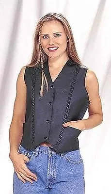 MOTORCYCLE MOTORBIKE 5 POCKET LADIES BRAIDED LEATHER VEST W/1 GUN POCKET INSIDE