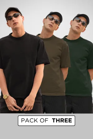 Pack Of 3 Oversized T-Shirts Black Bottle Green and Olive Green for Men