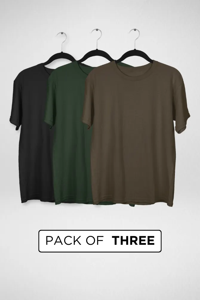 Pack Of 3 Oversized T-Shirts Black Bottle Green and Olive Green for Men