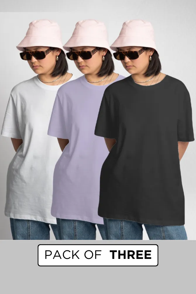 Pack Of 3 Oversized T-Shirts White Black and Lavender for Women