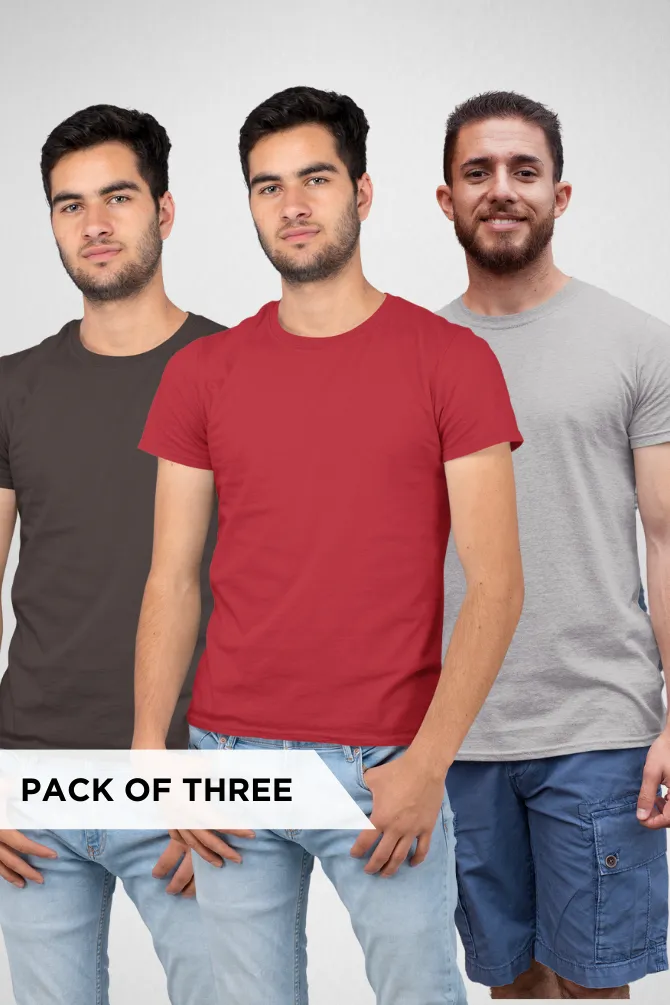 Pack Of 3 Plain T-shirts Coffee Brown Red and Grey Melange for Men