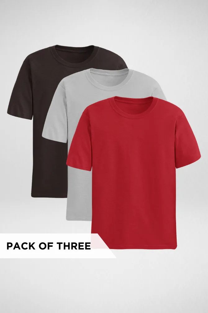 Pack Of 3 Plain T-shirts Coffee Brown Red and Grey Melange for Men