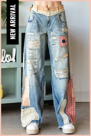 Patch Detail Wide Straight Denim Pants