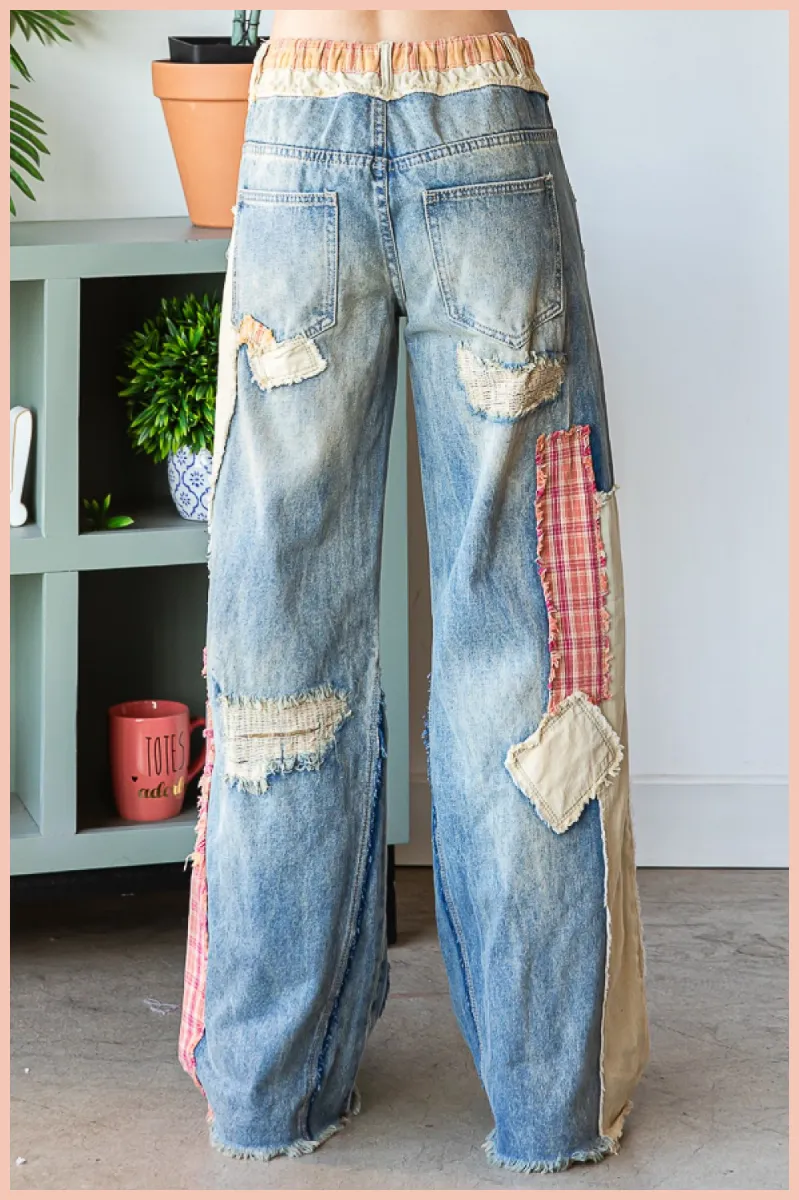 Patch Detail Wide Straight Denim Pants