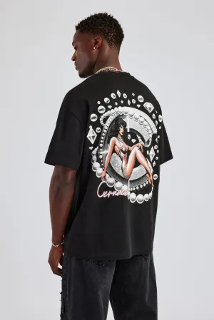 Pearl and Diamond C Graphic Oversized T-Shirt - Black