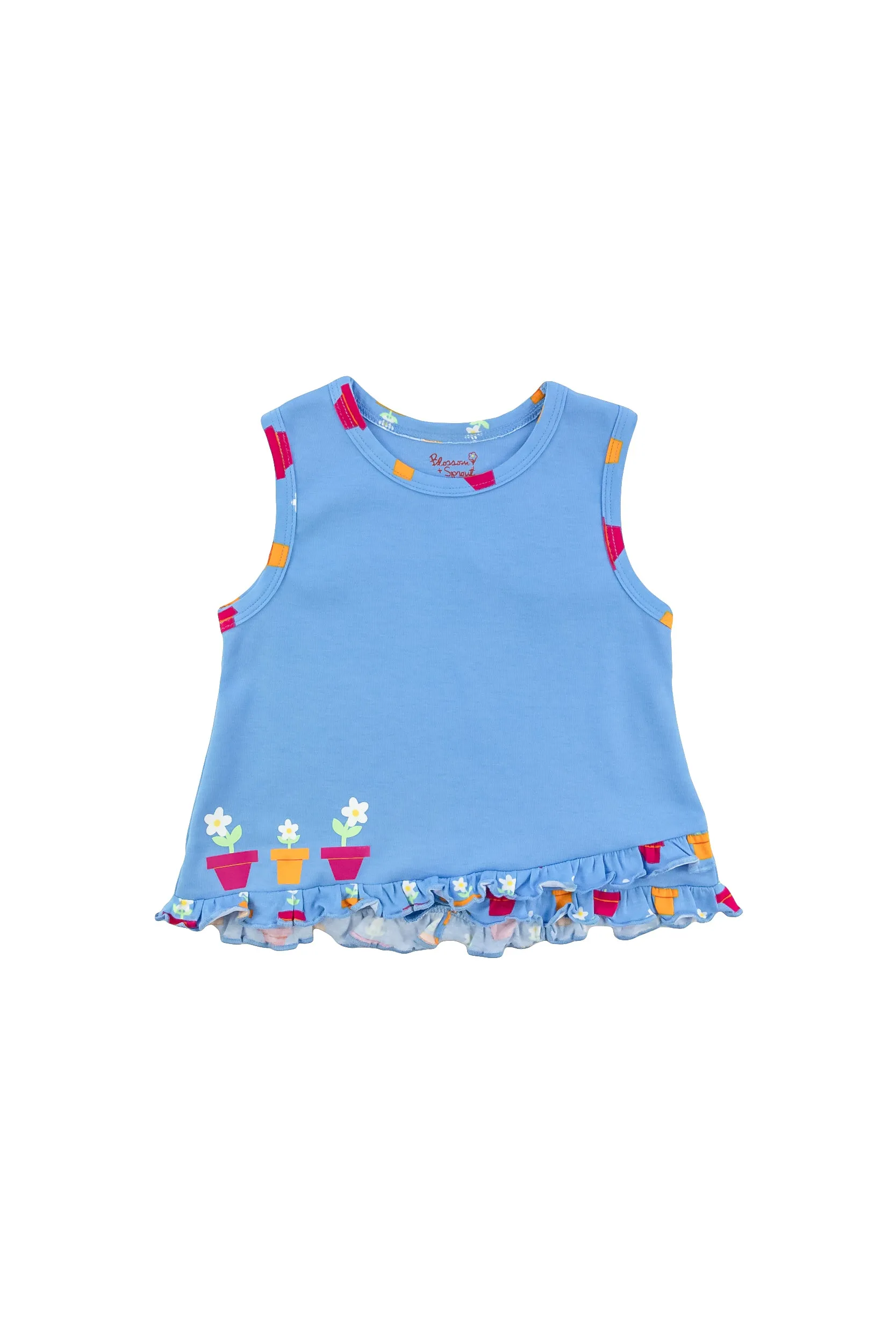 Potted Blooms Blue Knit Sleeveless Top