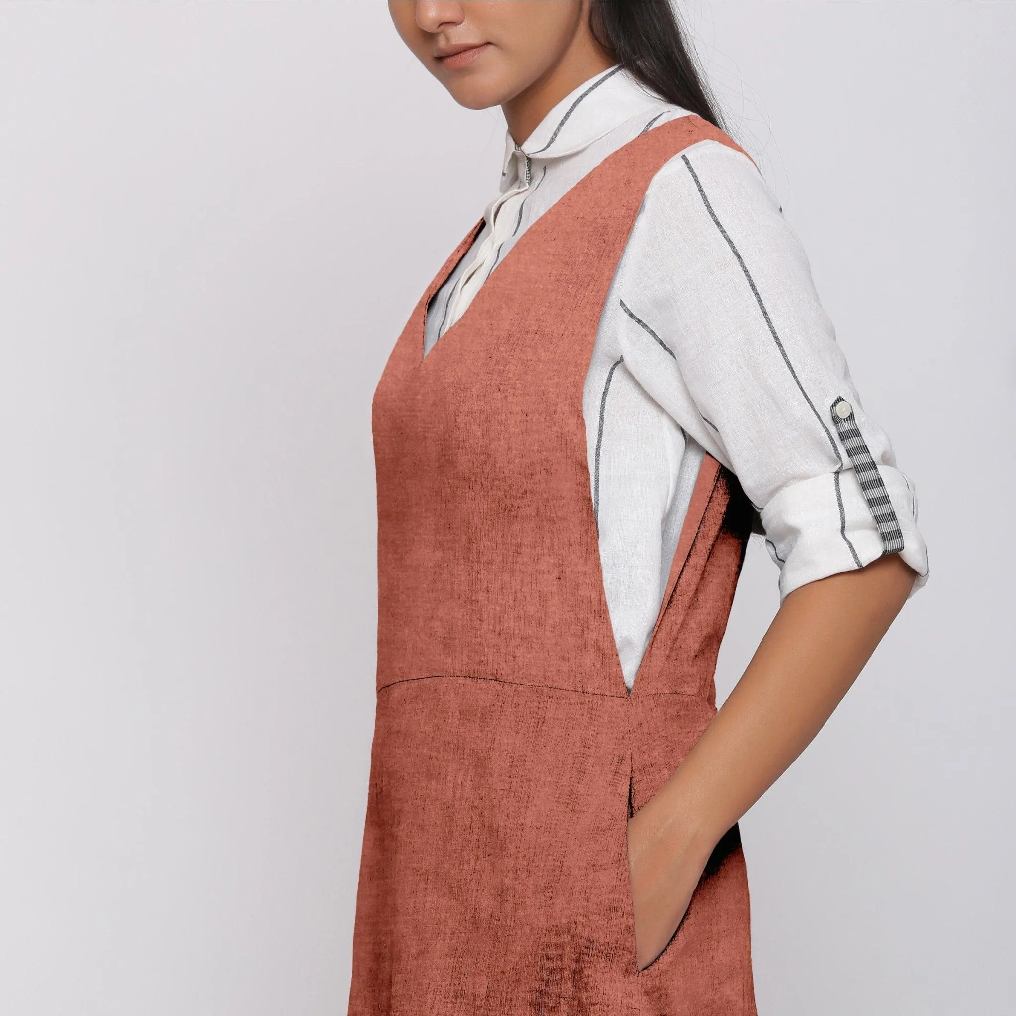 Rust 100% Linen V-Neck Midi Pinafore Dress