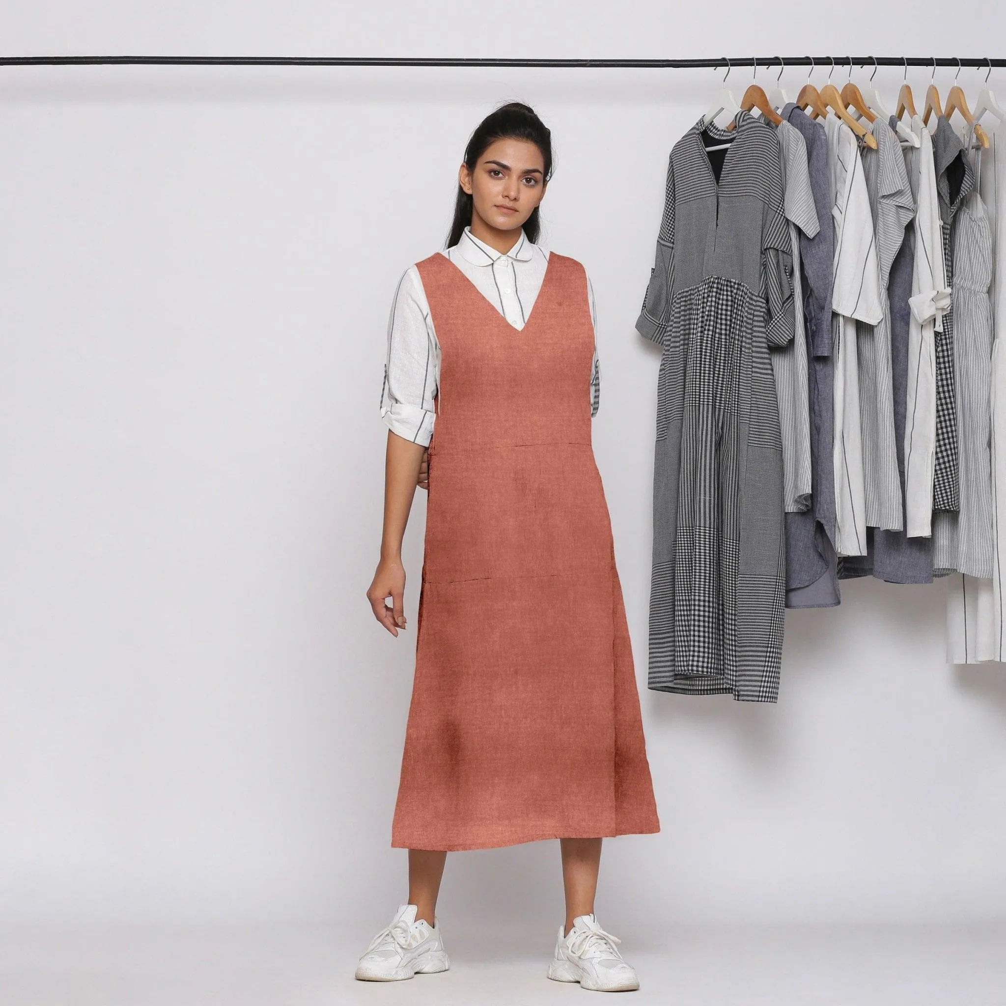 Rust 100% Linen V-Neck Midi Pinafore Dress