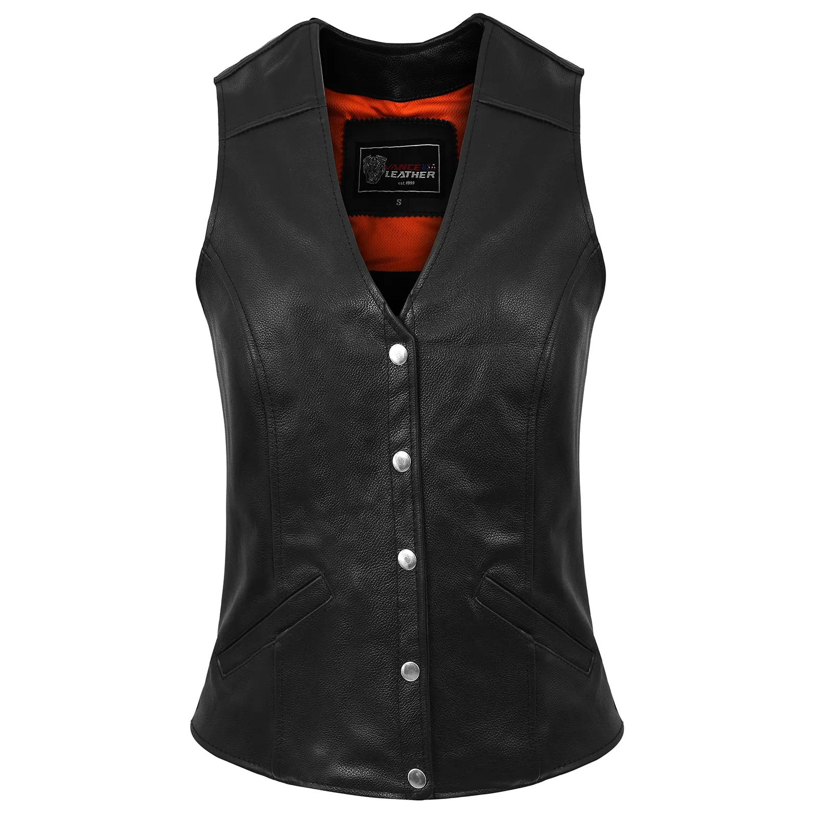 Vance Womens Black Five Snap Lady Biker Leather Motorcycle Vest