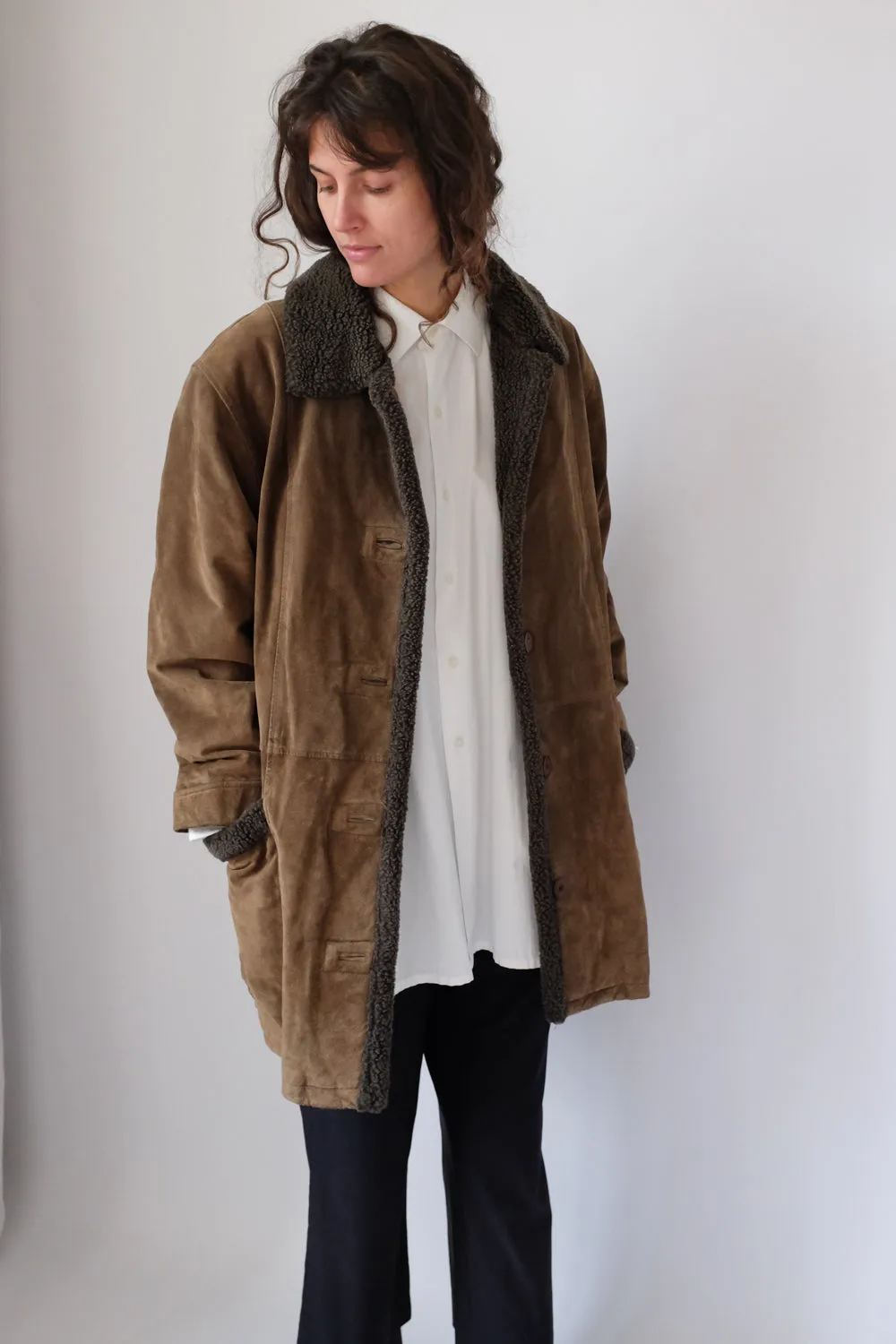 VINTAGE SUEDE BROWN SHEARLING COAT