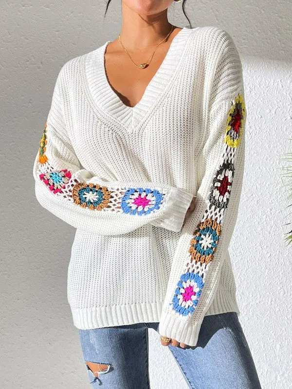 White Crochet Embroidered Long Sleeve Sweater